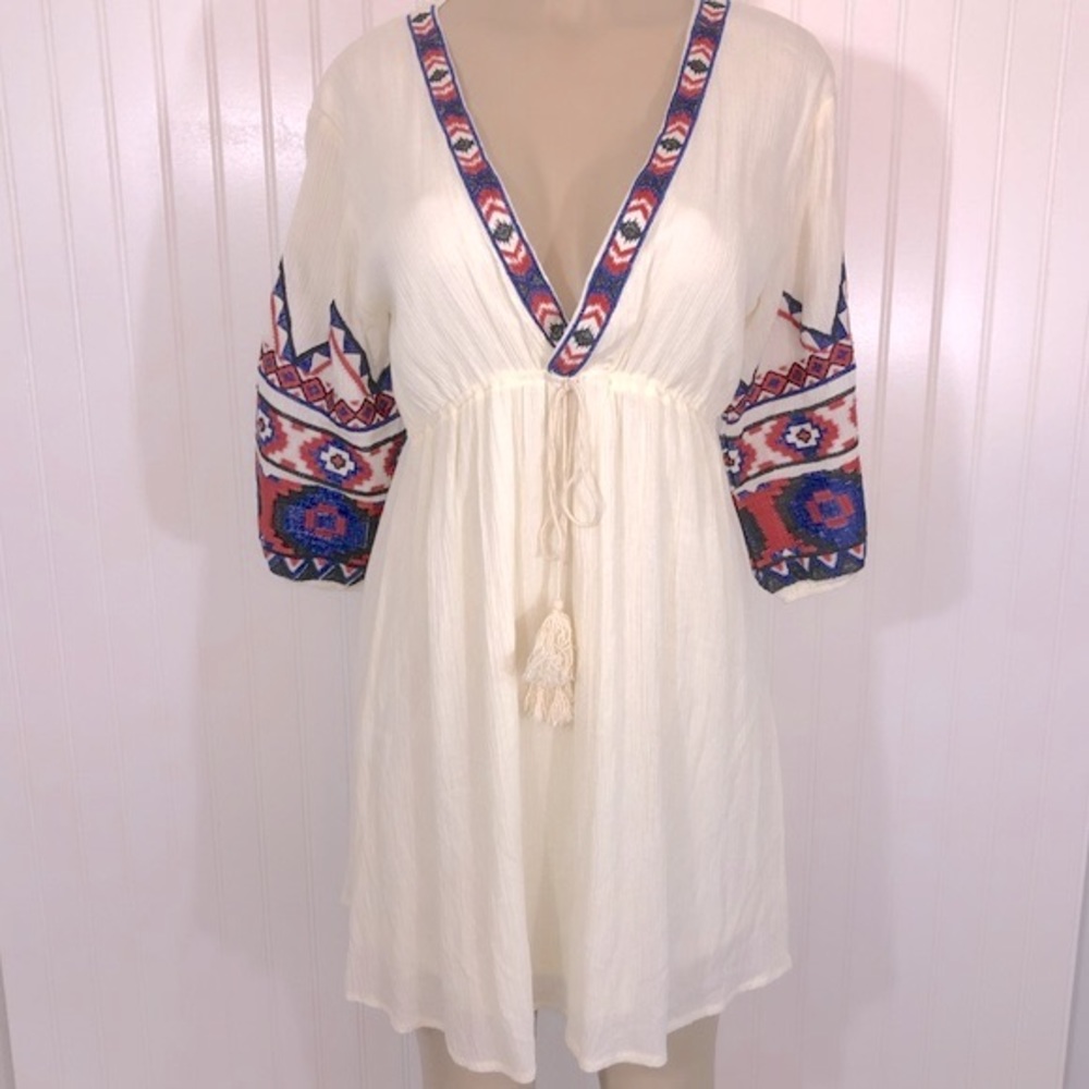 Pink Owl Boho Embroidered Tassel Mini Dress Swim Cover Up Tunic Top Small